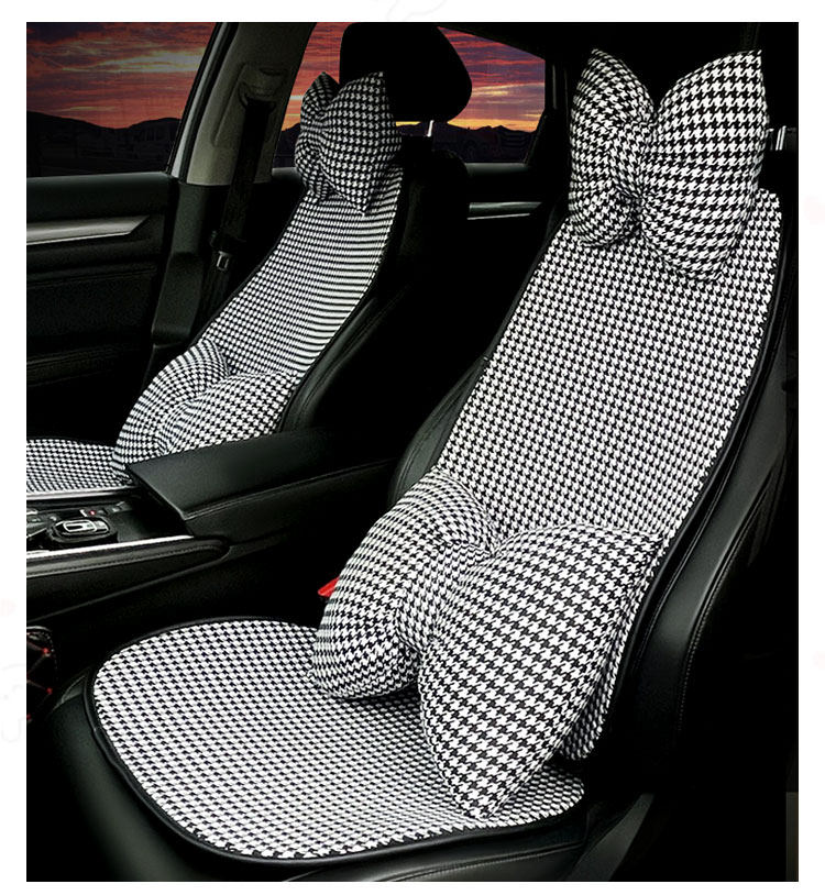 Car seat cushion four seasons universal linen female cartoon cute houndstooth three-piece set ventilation and breathable car single-piece cushion