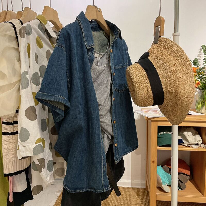 Extra Large Size 41-150kg Plus-Size Retro Short-Sleeve Denim Shirt Casual Versatile Blue Thin Jacket Top