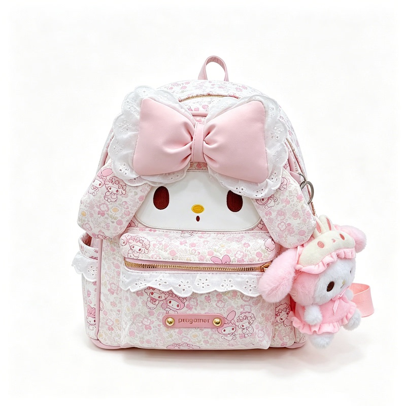 New Lace-Trimmed Cartoon Rabbit Double-Printed Backpack with High Aesthetic Appeal, Floral Bow Commuter Backpack for Women
