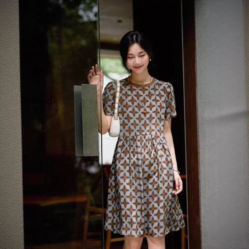 Single-Layer Opaque Vintage Print 100% Silk Dress Short-Sleeved Crepe De Chine A-Line Dress Petite Plus Size Elegant Dress