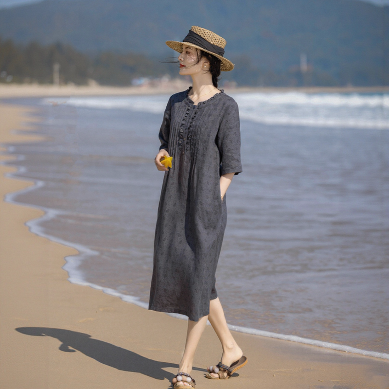 Single-Layer Unlined Vintage Linen Dress for Women, Floral Print, Loose Fit, Slimming, Mid-Length, Mid-Sleeve A-Line Dress