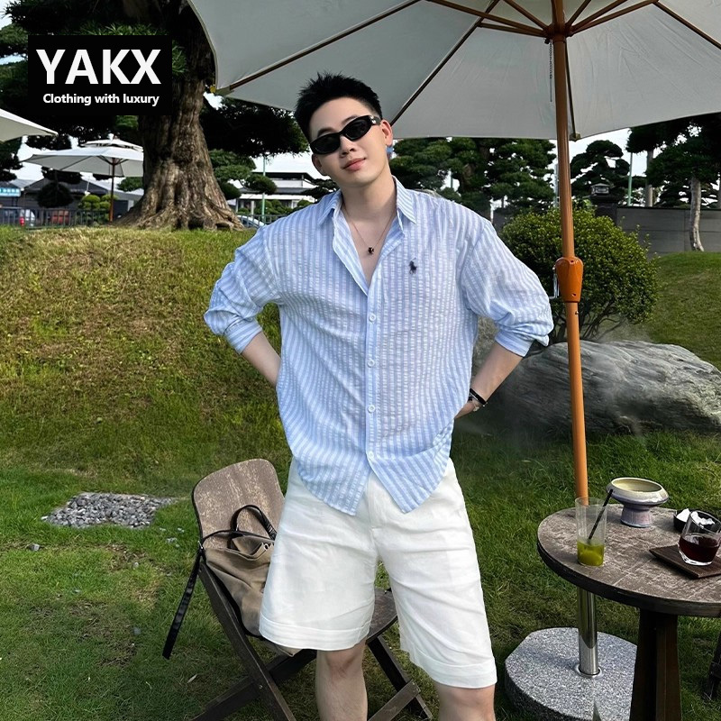 High-End Blue Striped Shirt for Men, Long-Sleeved, Spring and Summer, Casual and Relaxed Style, Sun Protection Shirt Jacket for Men