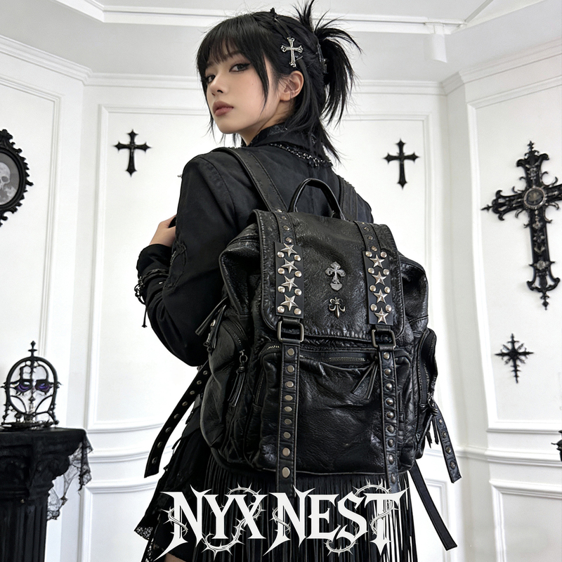 Nyx Dark Punk Style Cross Studded Backpack Niche Retro Gothic Backpack Large Capacity Commuter School Bag Nyx Dark Punk Style Cross Studded Backpack Niche Retro Gothic Backpack Large Capacity Commuter School Bag