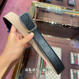 正品Gucci古奇皮带古驰腰带经典双G黑色压花男女休闲商务牛皮腰链