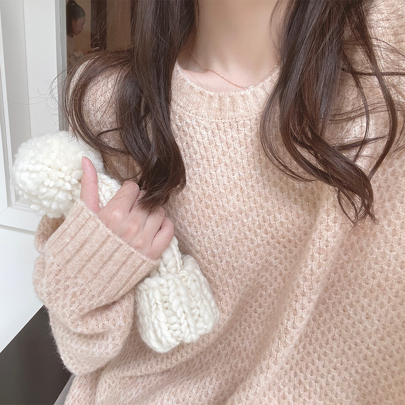 Japanese-Style Waffle Pink Sweater for Women, Autumn and Winter Outerwear, Loose, Lazy Style, Gentle Round Neck Pullover Knit Top