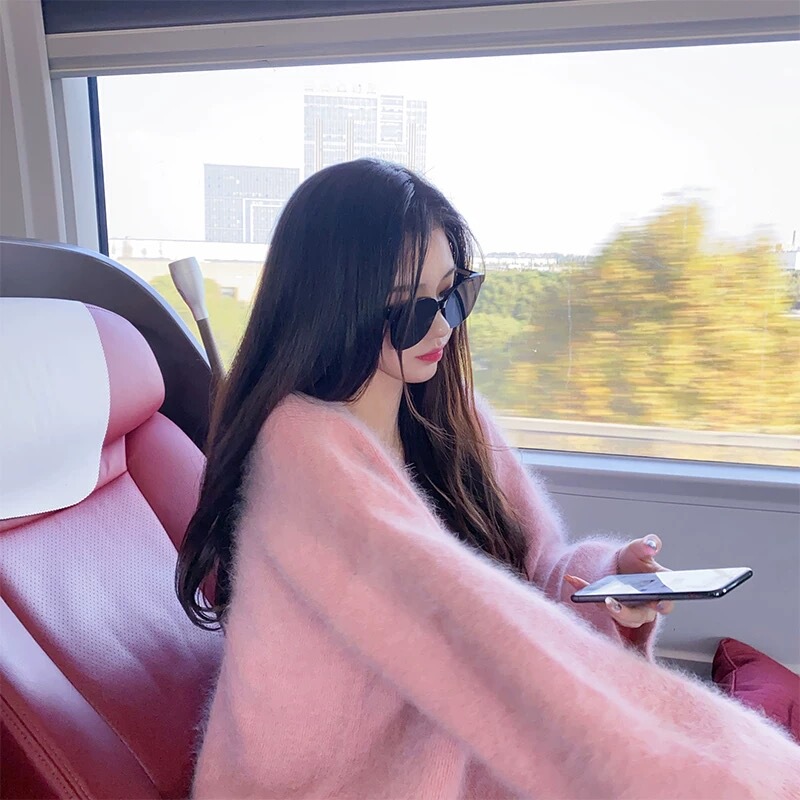 2025 Autumn/Winter New Korean Style Peach Pink Knitted Cardigan Lazy Loose Sweet Rabbit Fur Sweater Jacket for Women