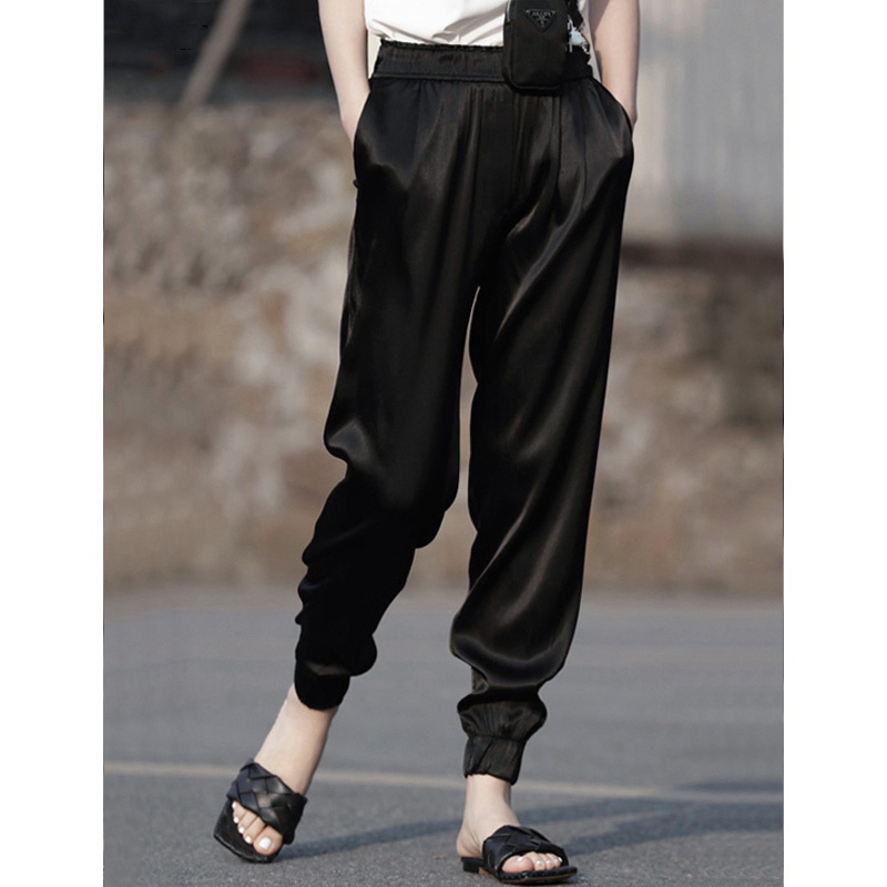 Black Acetate Satin Drapey Jogger Pants for Women, Summer Thin Straight-Leg Slimming Ice Silk Casual Silk Harem Pants, Carrot Pants Black Acetate Satin Drapey Jogger Pants for Women, Summer Thin Straight-Leg Slimming Ice Silk Casual Silk Harem Pants, Carrot Pants