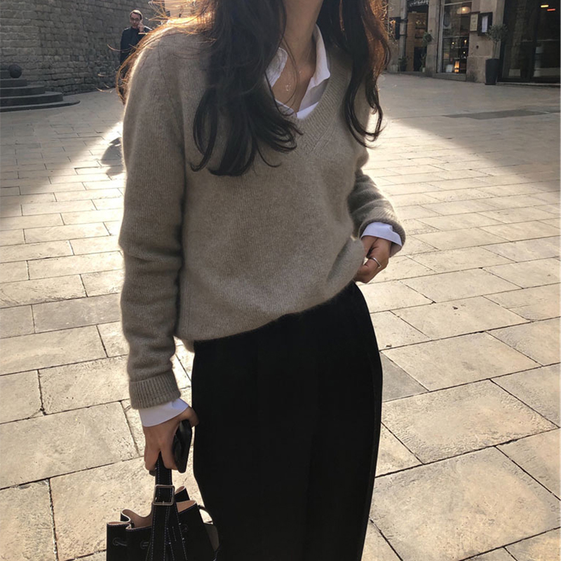 Vネックセーターレディース韓国版2025新作秋冬長袖プルオーバーアウターウェアゆったりアウターウェアニットセーターボトムストップス