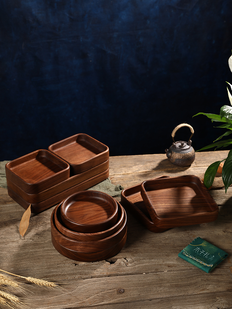 Black walnut square solid wood tray Living room household dried fruit plate Japanese refreshment snack whole wooden melon seed fruit plate