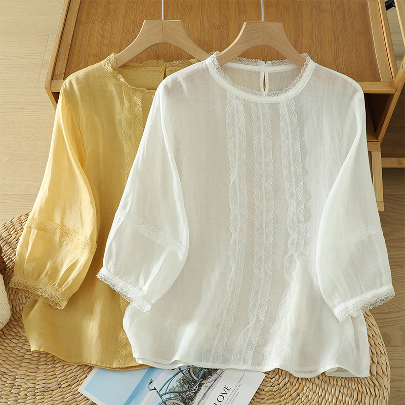 French-Style Lace-Trimmed Round-Neck Cotton-Linen Shirt for Women, Summer Thin Style, Age-Reducing, Elegant, Three-Quarter Sleeve Blouse Top French-Style Lace-Trimmed Round-Neck Cotton-Linen Shirt for Women, Summer Thin Style, Age-Reducing, Elegant, Three-Quarter Sleeve Blouse Top