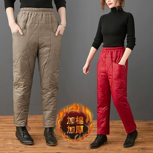 Легкие и тонкие модные зимние стеганые приталенные удерживающие тепло штаны с пухом, свободный прямой крой, увеличенная толщина, высокая талия