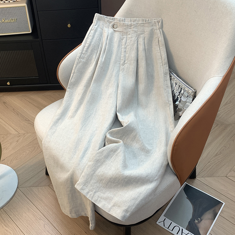 Old Money Style Cotton and Linen Suit Wide-Leg Pants for Women, Summer Thin Nine-Point Sun Protection Pants, High-Waisted Linen Straight-Leg Casual Pants