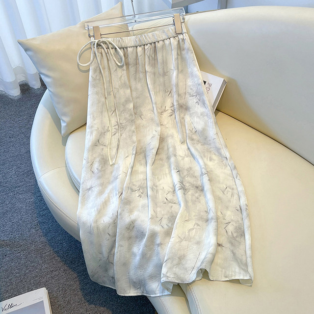 New Chinese-style acetate satin skirt for women, spring and autumn style high-waisted slim A-line skirt ink printed pleated skirt