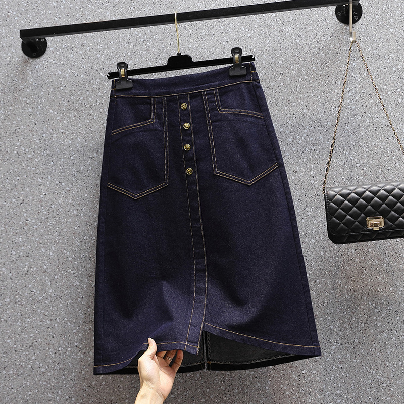 Plus Size Dark Blue Stretch Denim Skirt for Women Summer High-Waisted Mid-Length A-Line Skirt Casual Slit Hip-Covering Skirt