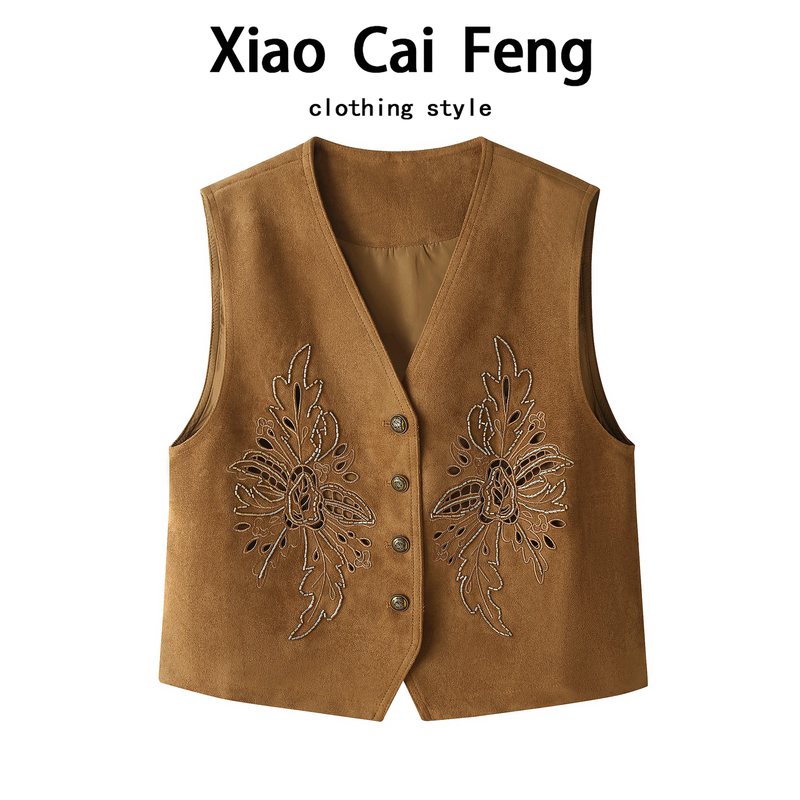 European-Style High-End Heavy-Duty V-Neck Hollow-Out Embroidered Suede Vest Jacket for Women, Layered Short Vest Trendy