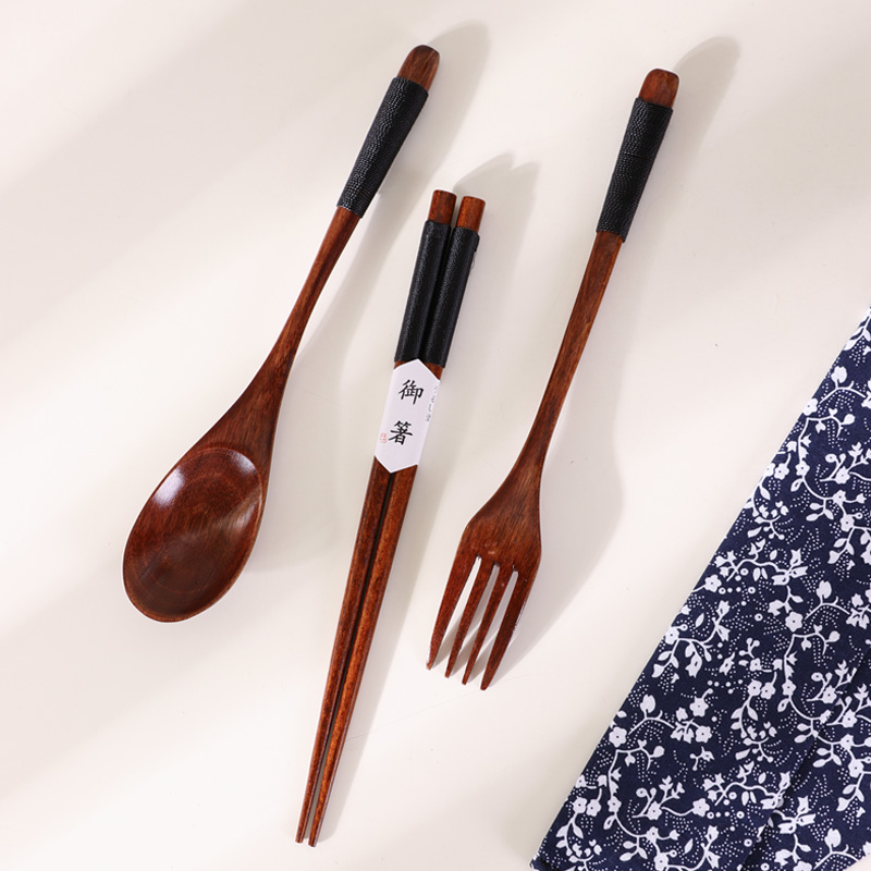 Joywood Youtasking Japanese Tangle Wire Spoon Fork Chopsticks THREE SUIT LONG HANDLE SOLID WOOD ADULT PORTABLE SPOON FORK CUTLERY