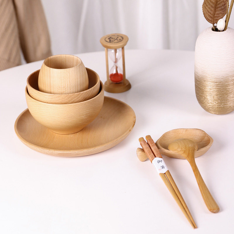 Joywood Superior Beech Wood Cutlery Seven Pieces Home Single Wood Dinner Plate Dining Bowl Hotel Creative Suit Pure Color