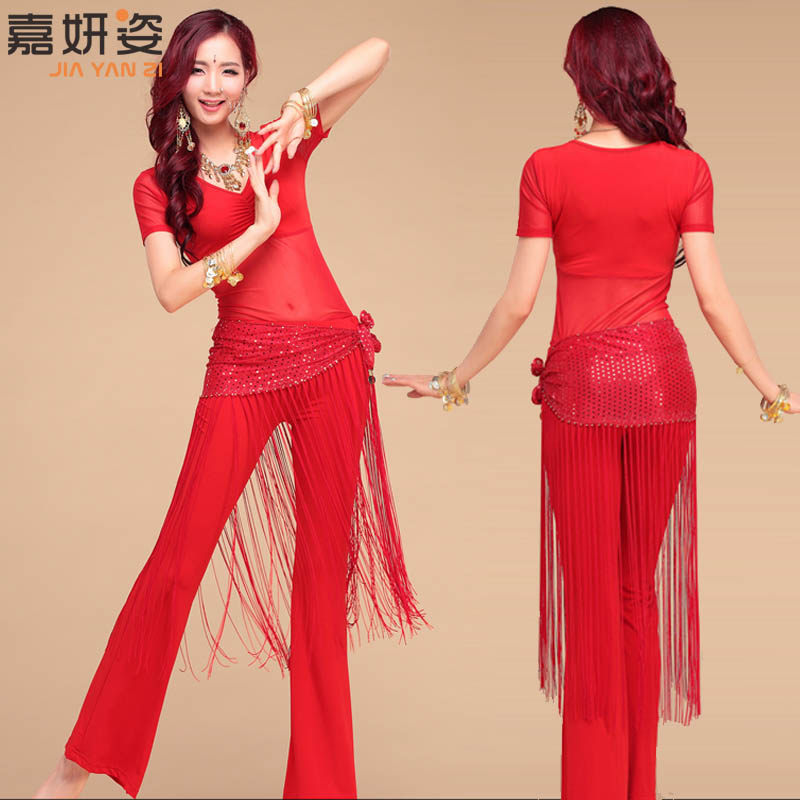 Belly leather dance outfit 2021 new sets of practice utiliti suit dance suit with long pants to cover with slim clothes