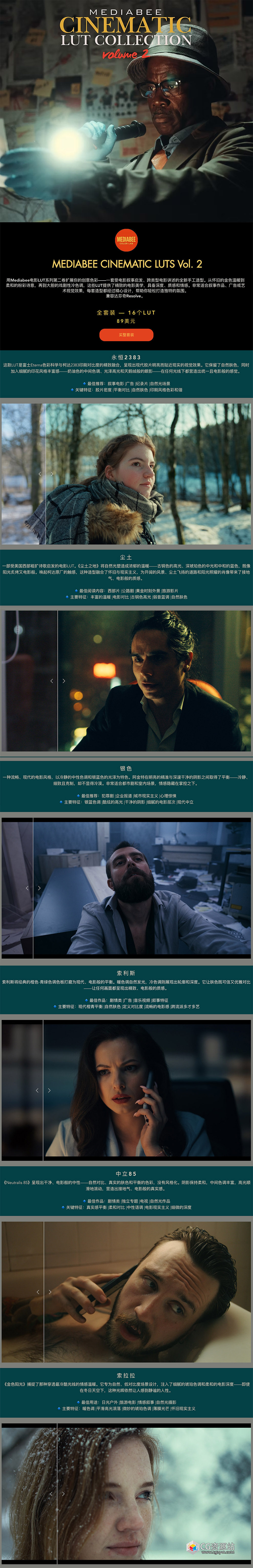 16个电影级复古怀旧胶片模拟LUT调色预设 MEDIABEE CINEMATIC LUTS V2-图片2