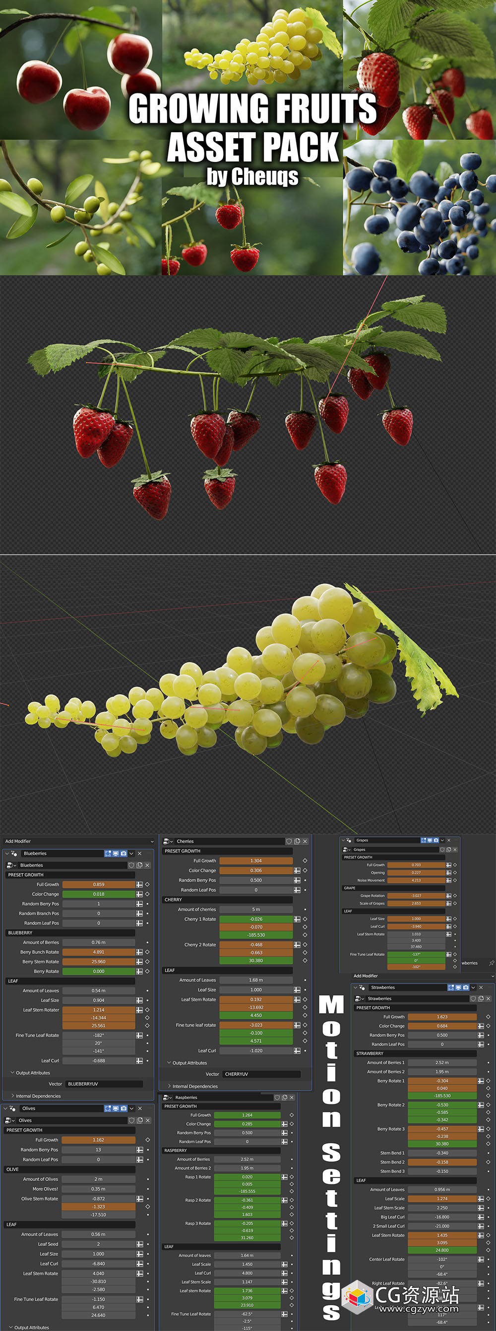 Blender预设-水果生长动画葡萄草莓樱桃蓝莓橄榄资产预设 Growing Fruits-图片2