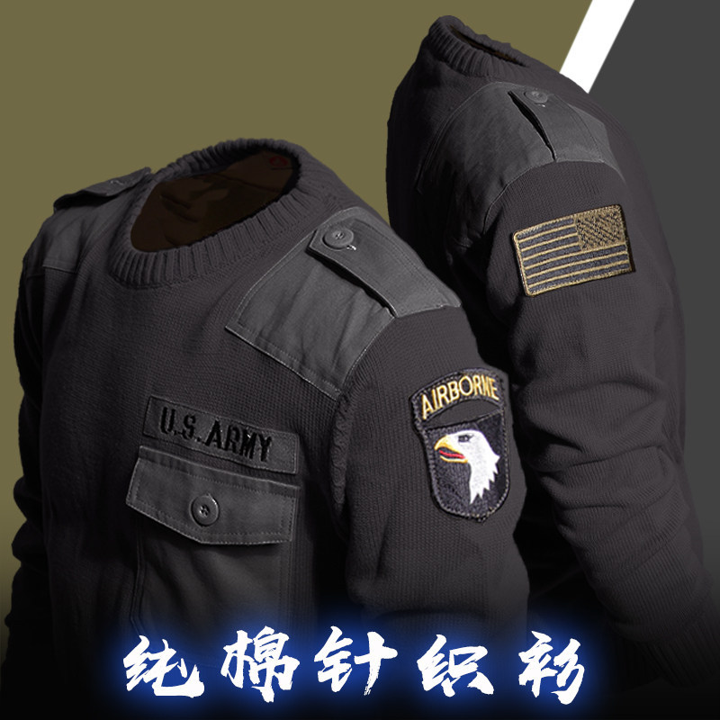 Men's Pure Cotton Thickened Sweater, Workwear Camouflage Outdoor Tactical Military Knitted Base Layer Wool Sweater, American Style, Fleece-Lined for Dad