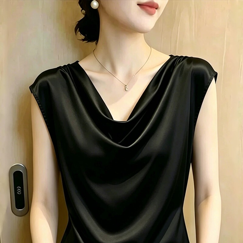 High-End Black Acetate Satin Short-Sleeve T-Shirt for Women, Summer New French-Style Elegant Sleeveless Top