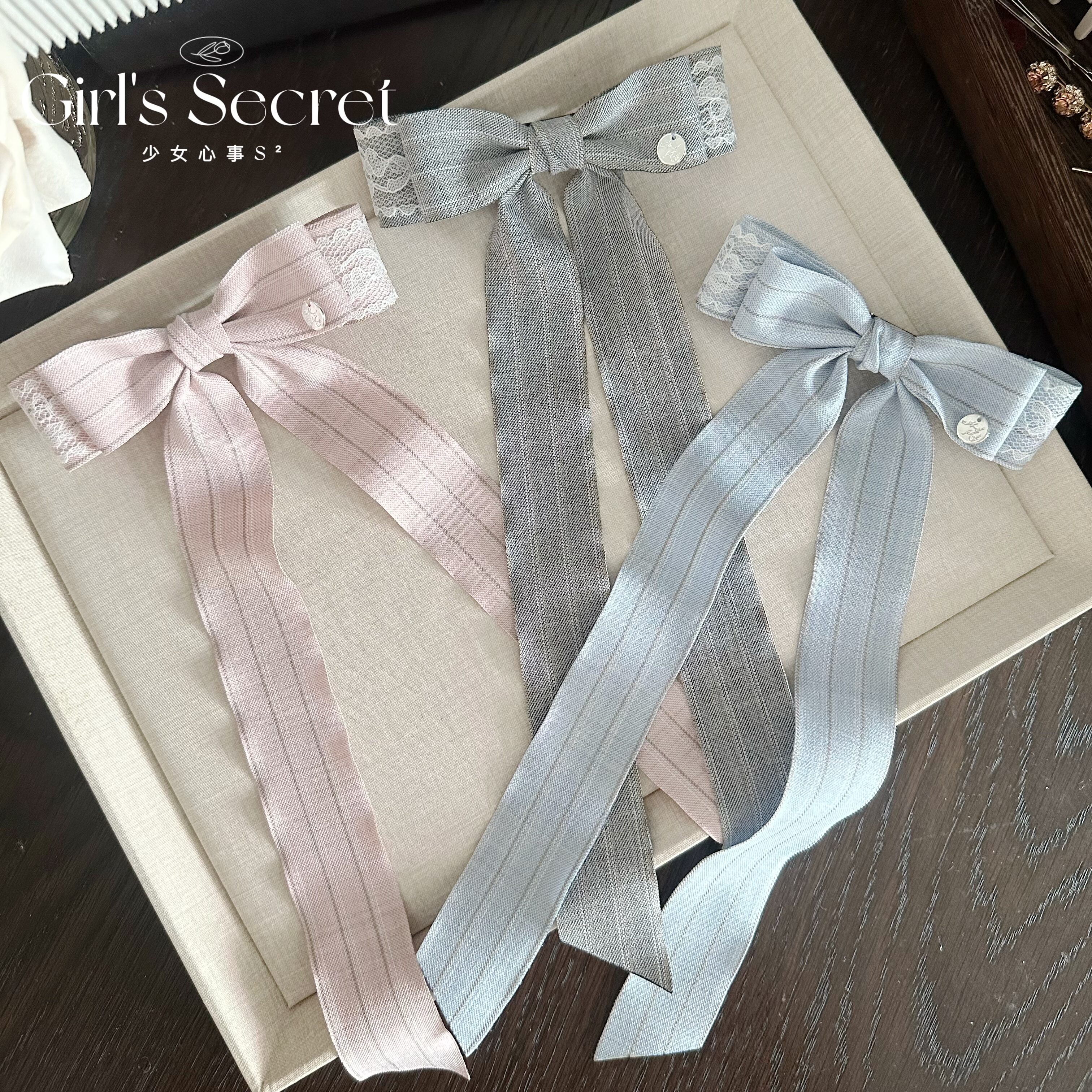 Original Korean-style striped ribbon bow hair clip, sweet lace hairpin, hair accessory for the back of the head.