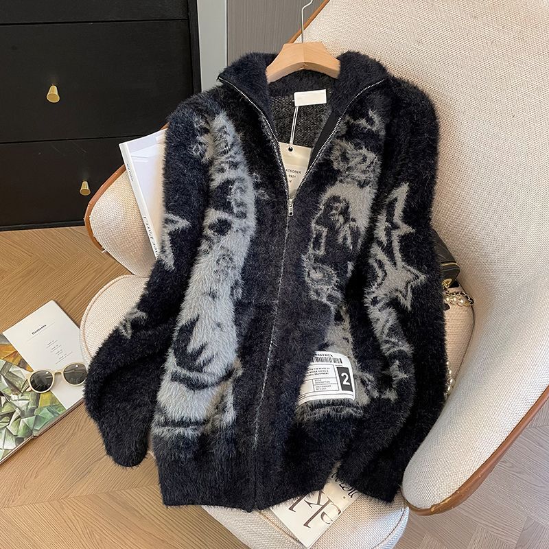 Autumn and Winter Y2K Vibe, Unique Abstract Y2K Culture Jacquard Cardigan, American-Style Zip-Up Jacket, Couple Sweater for Women