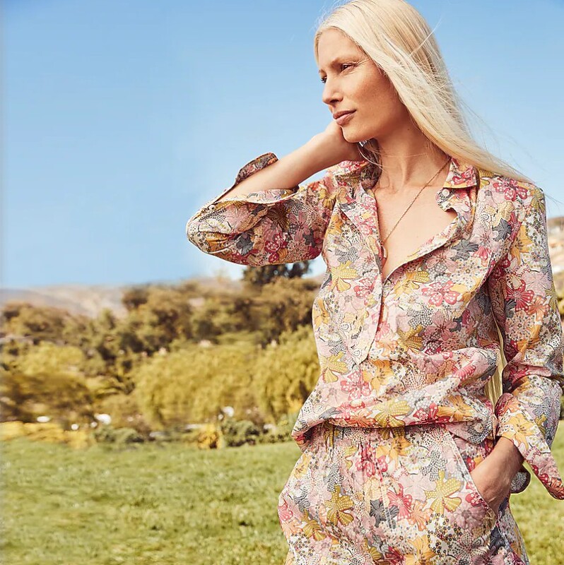 21 Spring and Autumn New American Liberty Cotton Colorfulful Flower Lapel Henry Half Open Collar Long-Sleeved Shirt