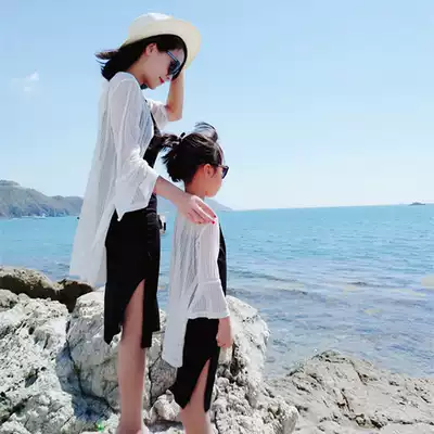 Female women's white sunscreen shirt parent-child lace top cardigan beach Beach seaside resort thin coat
