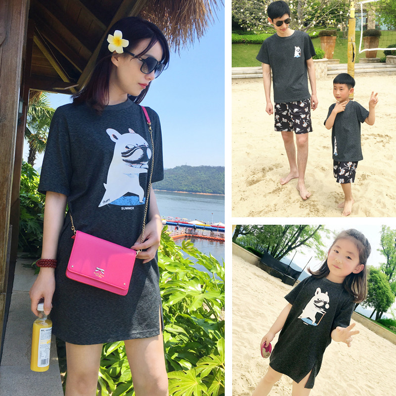 South Korean seaside beach holiday large size pro-sub-dress summer dress mother woman skirt and son T-shirt family of three families