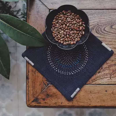 (I wuwo) original hand made custom plant blue dyed hand stitched embroidered tea mat placematte coaster