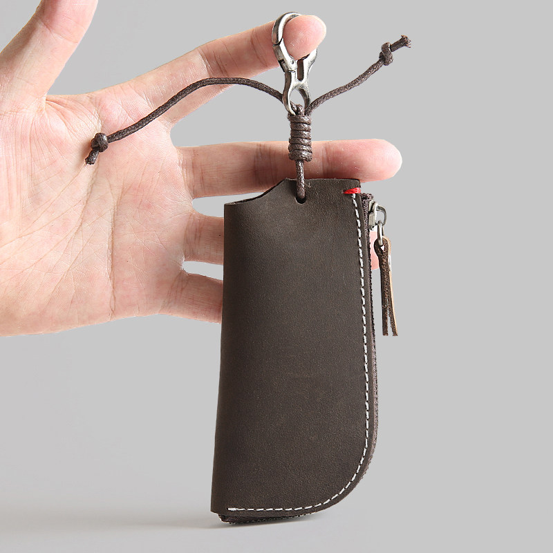 Crazy horse skin casual zipper key bag men's waist hanging true head layer cowhide coin purse car multifunctional lock keychain