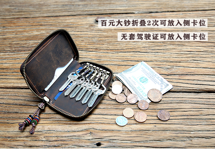 Túi đeo chéo nam bằng da retro đa chức năng dây kéo bằng da Túi đa khóa túi nữ móc chìa khóa đẹp