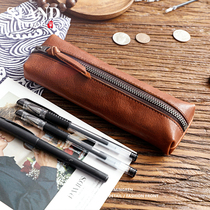 Retro handmade large capacity Mens simple pen bag vegetable tanned cowhide leather pencil bag student leather stationery case glasses bag