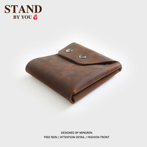 Handmade casual mens short wallet Crazy Horse leather buckle wallet mens retro thin mini wallet youth