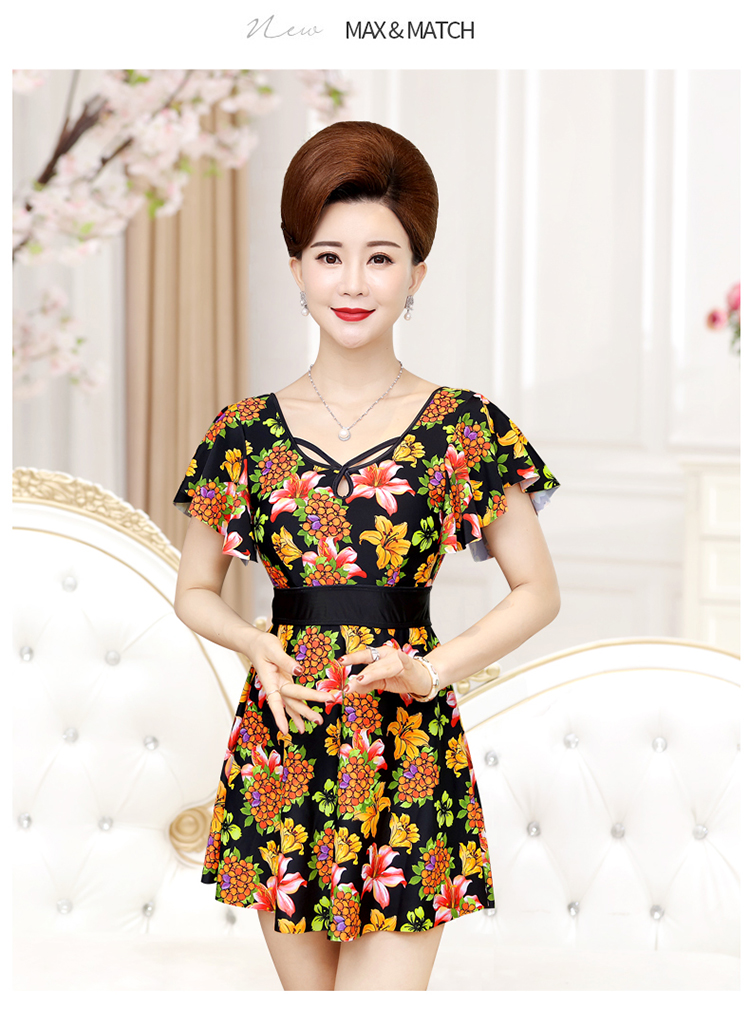 Youyou trung niên áo tắm nữ bảo thủ một mảnh kiểu váy che bụng nóng mùa xuân trung niên mẹ áo tắm đồ bơi kích thước lớn - Bộ đồ bơi One Piece đồ bơi liền thân