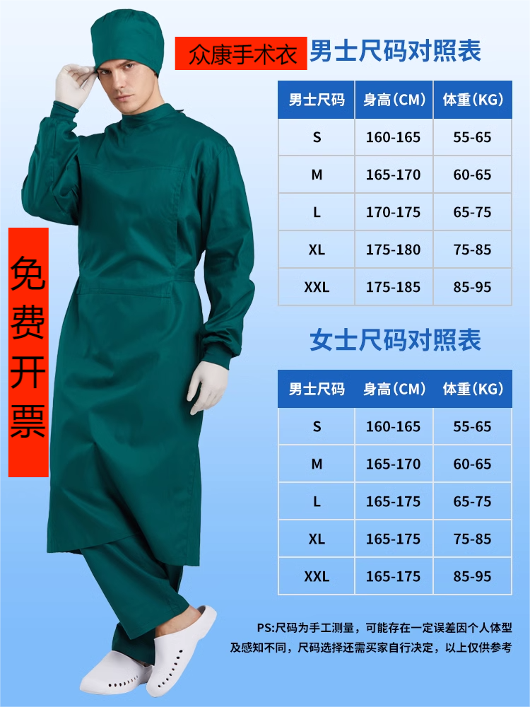 手術着、隔離服、防護服、逆着用服、手術用ブラシ、手洗い用服、バッグ、布穴、タオル、医師用服、ダークグリーン、長袖