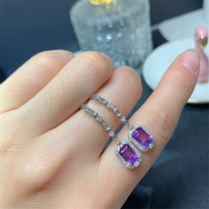 Серьги 正品保真s925银镶嵌天然方形紫水晶耳钉魅力耳环养耳优雅气质耳饰
