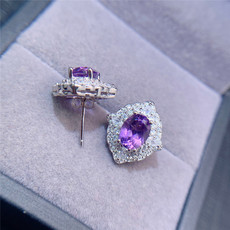 Серьги 正品新款天然紫水晶耳钉女925银豪华镶嵌紫色宝石耳环优雅显气质