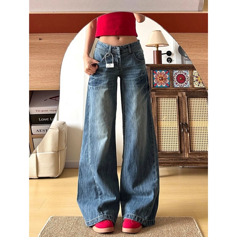 American Retro Hot Girl Low-Waisted Straight-Leg Wide-Leg Pants That Make You Look Taller and Slimmer, Spring and Summer Floor-Length Casual Versatile Jeans Trendy