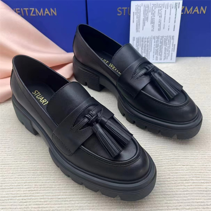 European and American 2024 Autumn and Winter New Sw Thick-Soled Loafers for Women, Genuine Leather Round-Toe Tassel Slip-On Lazy Shoes