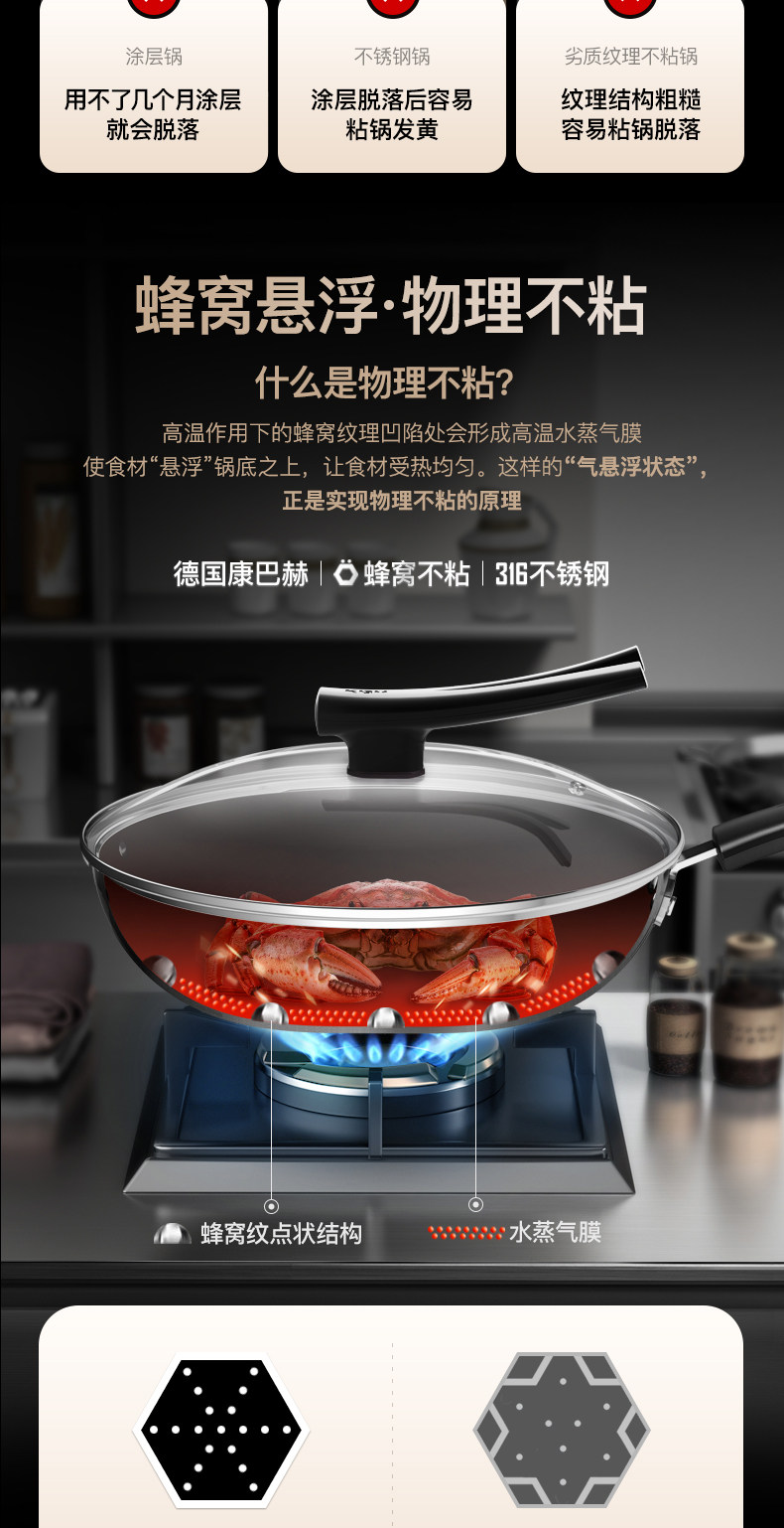 德国顶级厨具 康巴赫 316不锈钢不粘锅 32cm 少油烟 图3