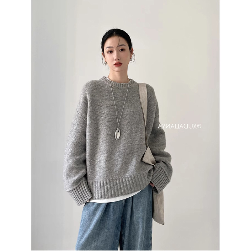 Autumn and Winter Lazy Style Retro Loose Solid Color Round Neck Pullover Inner Wear or Outer Wear Casual Thickened Sweater Knitwear for Women