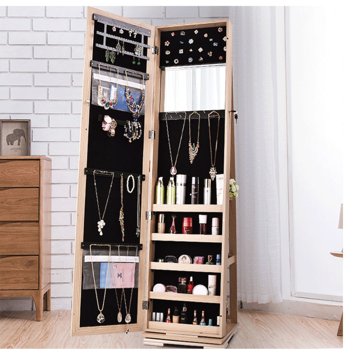 Gương xoay toàn chiều dài Gương sàn Cloakroom Phù hợp tối thiểu Gương trang sức lưu trữ tủ khóa Gương - Gương gương đẹp