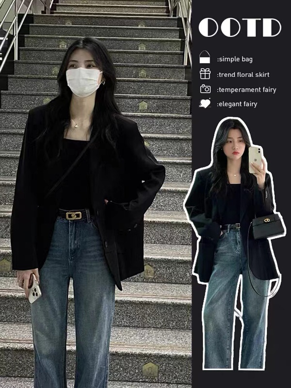Oversized Black Blazer for Petite Women, 2026 Spring New Korean Style Casual Loose Fit Suit