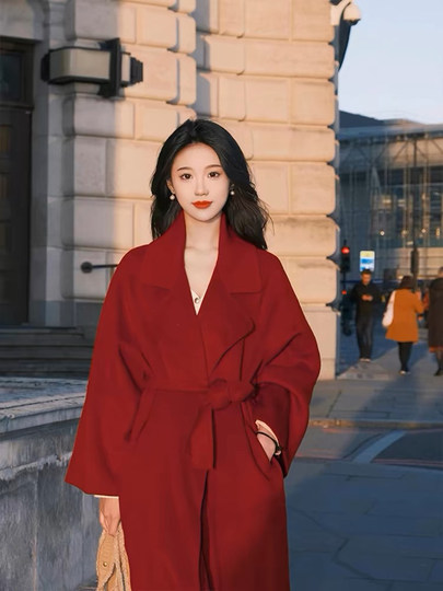 红色喜庆双面羊绒大衣女2025冬季新款高级感小个子加厚羊毛呢外套