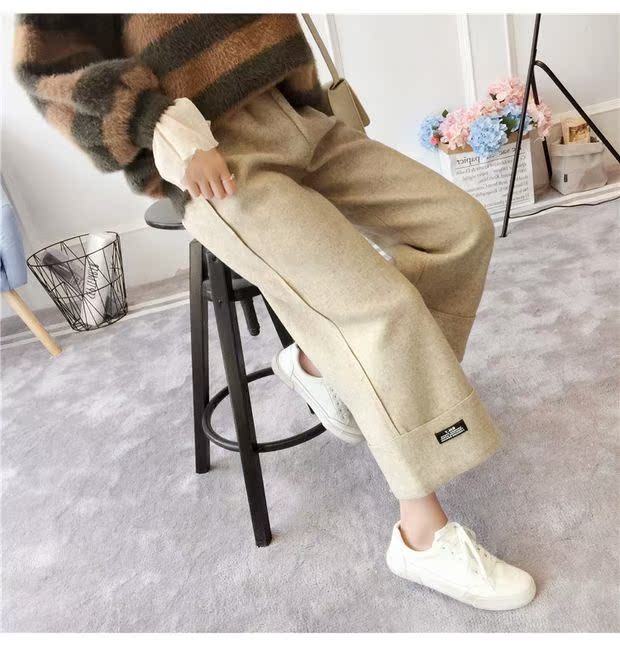 Quần len nữ mùa thu 2018 phiên bản Hàn Quốc mới chín điểm quần âu cao eo quần rộng lưng rộng quần dài ống rộng nữ mùa đông quần áo