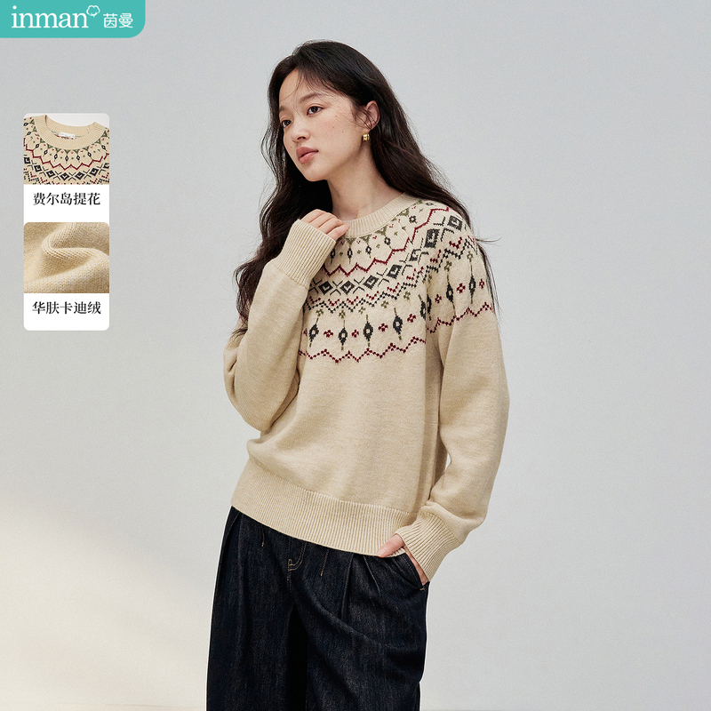 Inman Retro Soft Fair Isle Jacquard Round Neck Sweater 2026 Winter New Women's Pullover Knit Top