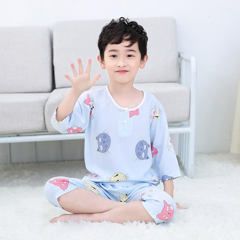 Childrens lụa bông pajama set boy mùa hè bảy tay áo trẻ em mùa hè mỏng mùa hè phù hợp với điều hòa không khí nam và nữ.